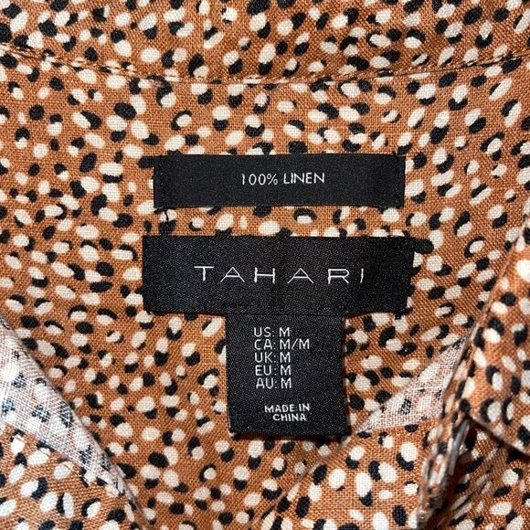Tahari 100% Linen Shirt Dress Brown White Animal Print Breathable Women’s Medium - Picture 5 of 8